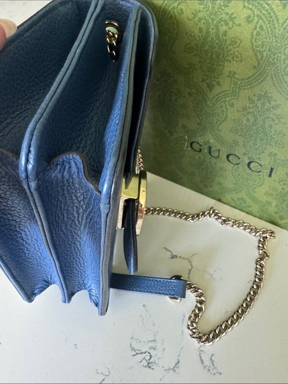 Gucci Navy Blue Pebbled Leather Crossbody with Gold GG Emblem - Picture 14 of 14